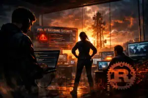 Люди за комп'ютерами у безпеці, спостерігаючи за даними у темряві.