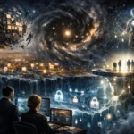 Futuristic scene with figures overlooking a digital universe and cosmic elements.