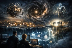 Futuristic scene with figures overlooking a digital universe and cosmic elements.