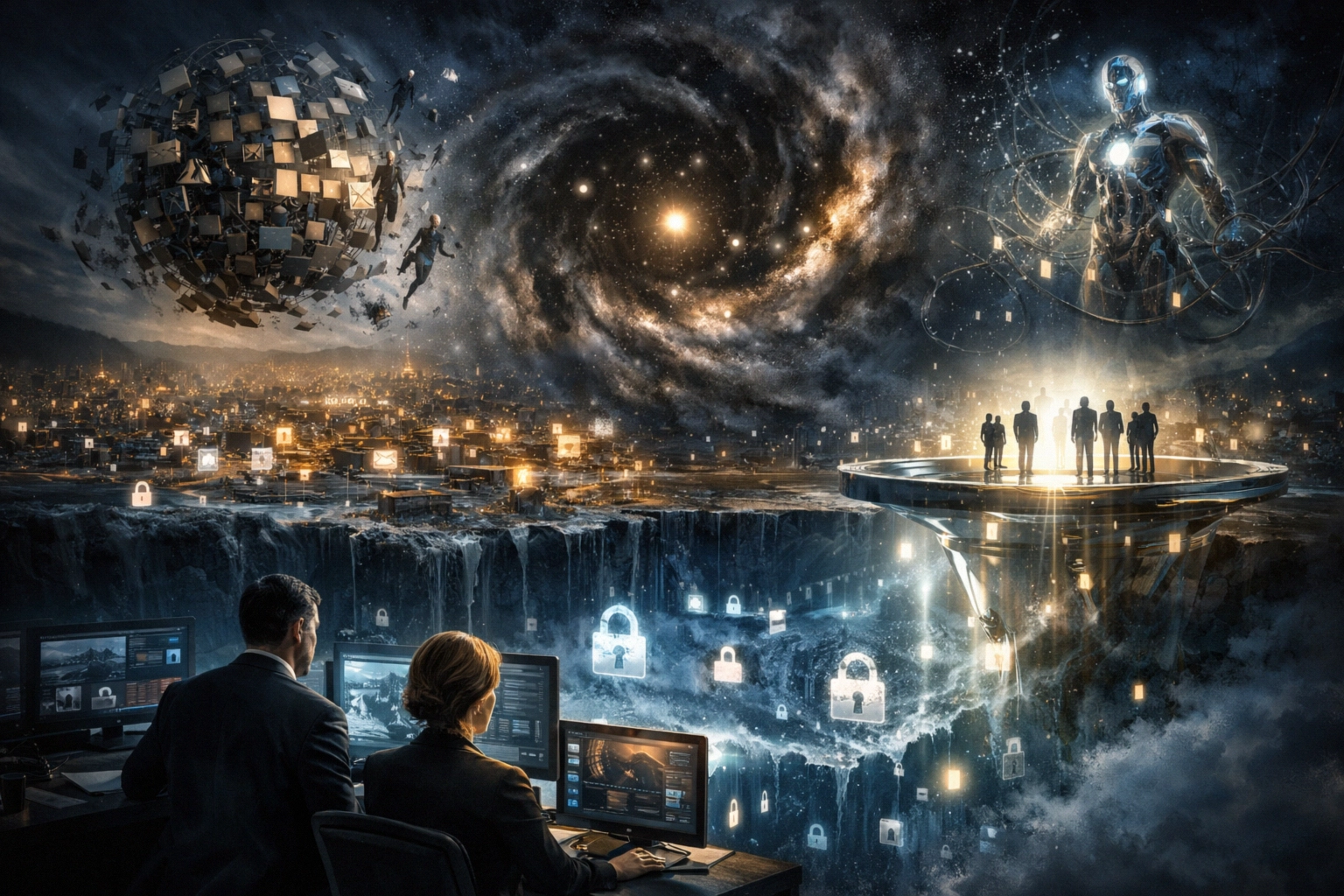 Futuristic scene with figures overlooking a digital universe and cosmic elements.