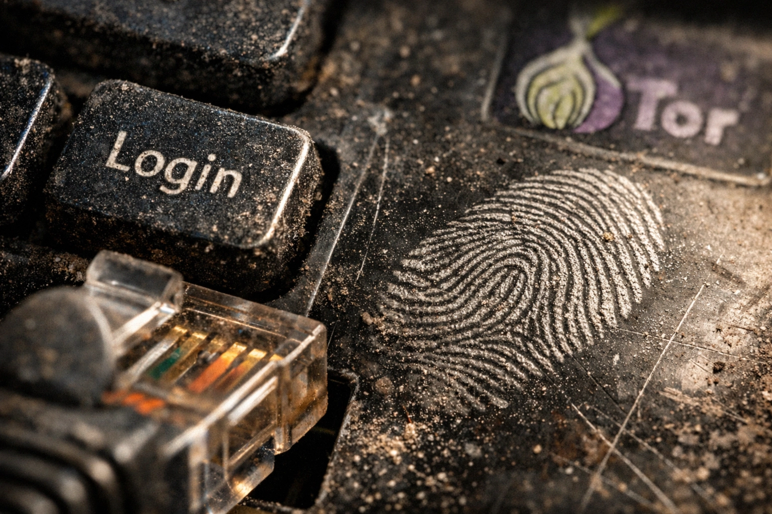 Fingerprint imprinted on a dusty keyboard beside a "Login" key.