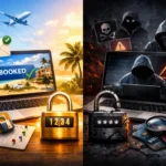 Split scene showcasing secure booking on one side and cybersecurity threats on the other.