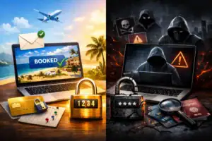 Laptop zeigt gebuchte Reise links, Sicherheitsbedrohung rechts.