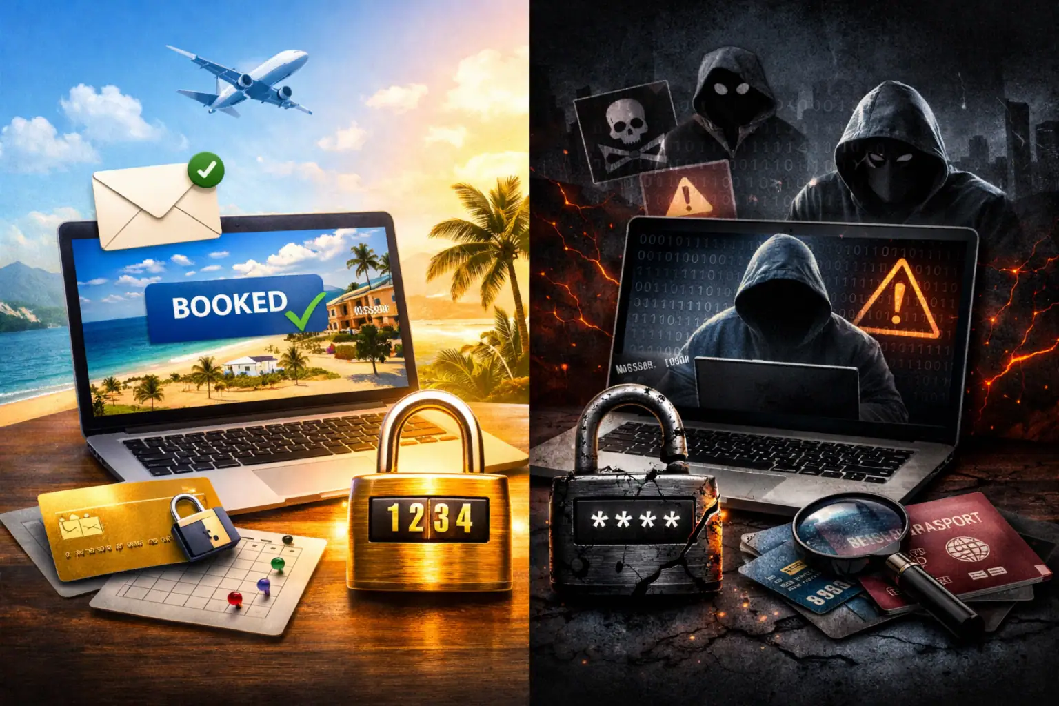 Laptop zeigt gebuchte Reise links, Sicherheitsbedrohung rechts.