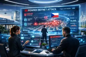 Сцена кібербезпеки з фахівцями, які аналізують потужну атаку ботнету.
