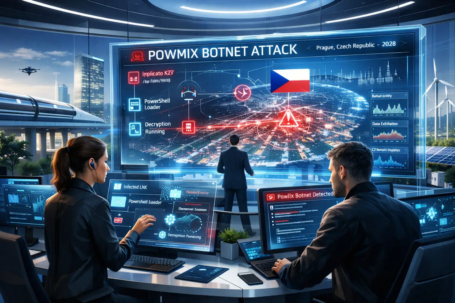 Оперативный центр киберугроз с анализом атаки на ботнет Powmix в Праге.