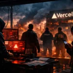 Group observes a chaotic cityscape with a prominent Vercel sign amidst destruction.