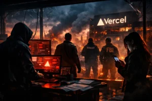 Group observes a chaotic cityscape with a prominent Vercel sign amidst destruction.