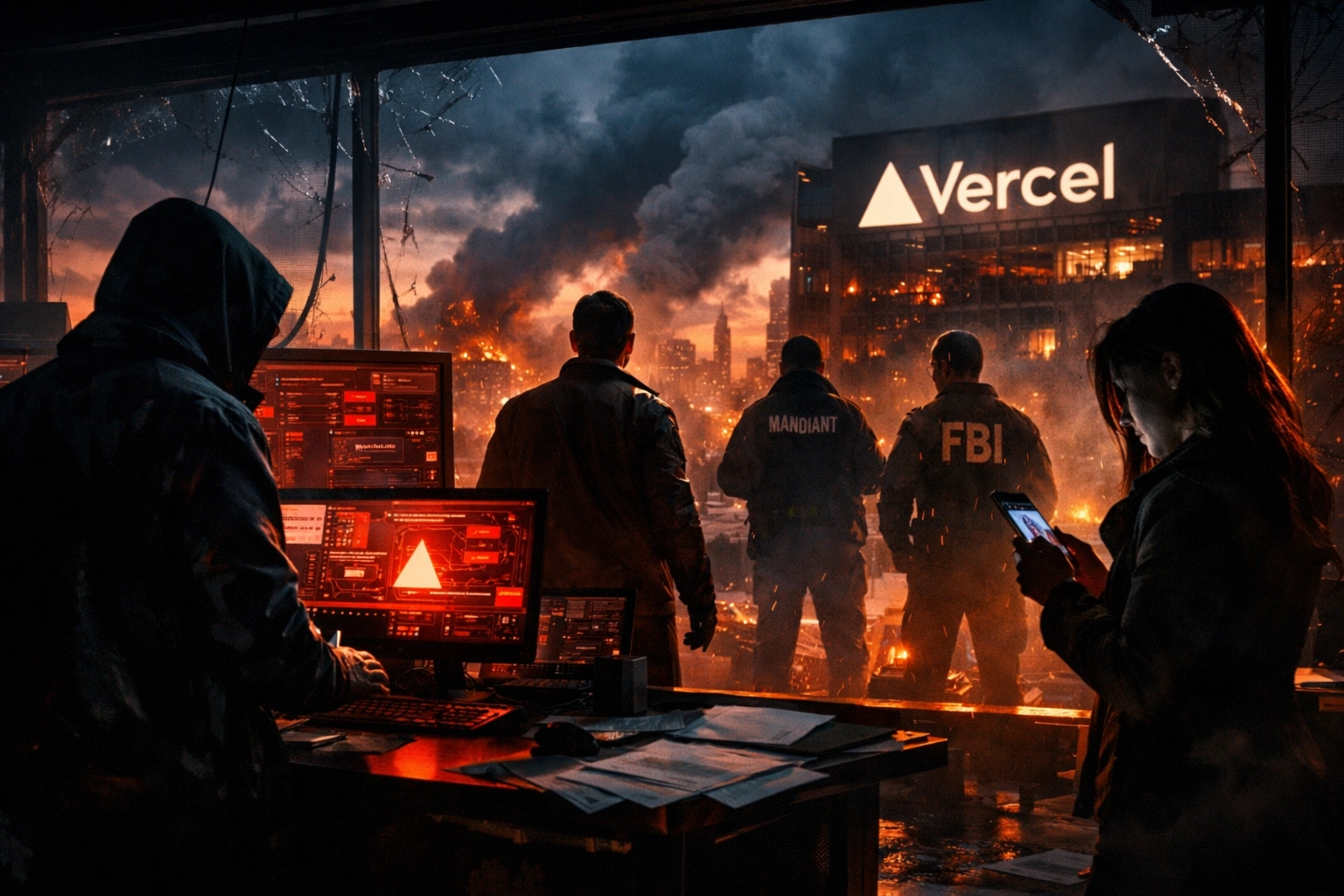 Group observes a chaotic cityscape with a prominent Vercel sign amidst destruction.