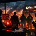 Grupo de personas observa una ciudad en llamas desde un edificio en ruinas.