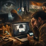 Man distressed by cybercrime, staring at a laptop with hacker interface.