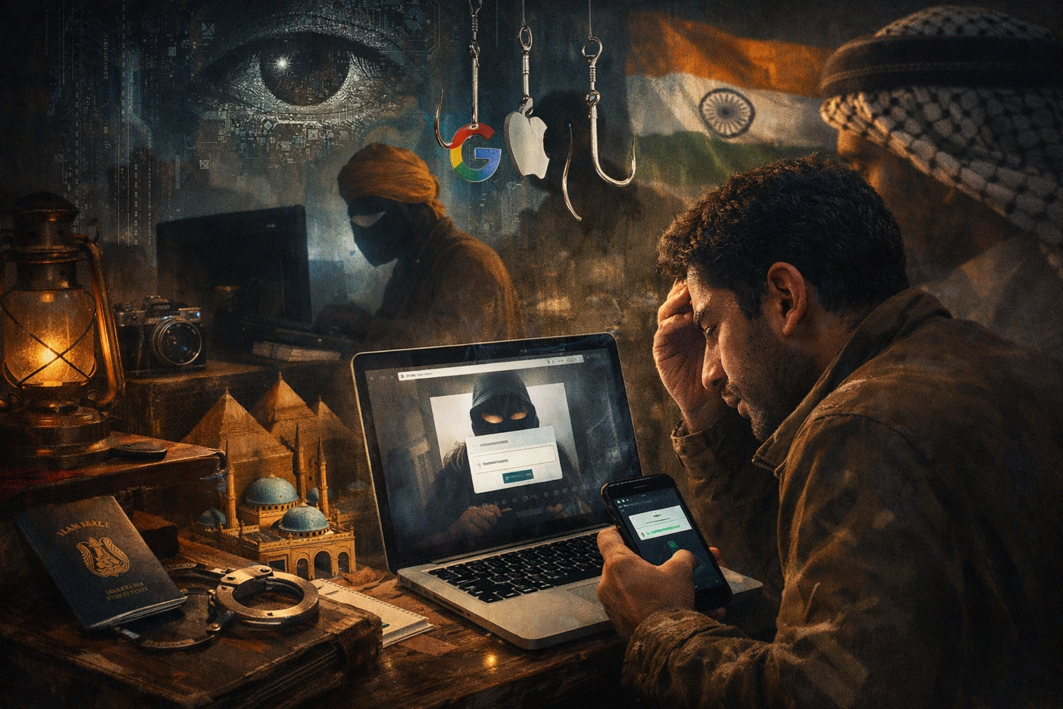 Man distressed by cybercrime, staring at a laptop with hacker interface.