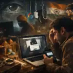 ** Person am Laptop, sieht besorgt aus, während ein Hacker auf dem Bildschirm erscheint.