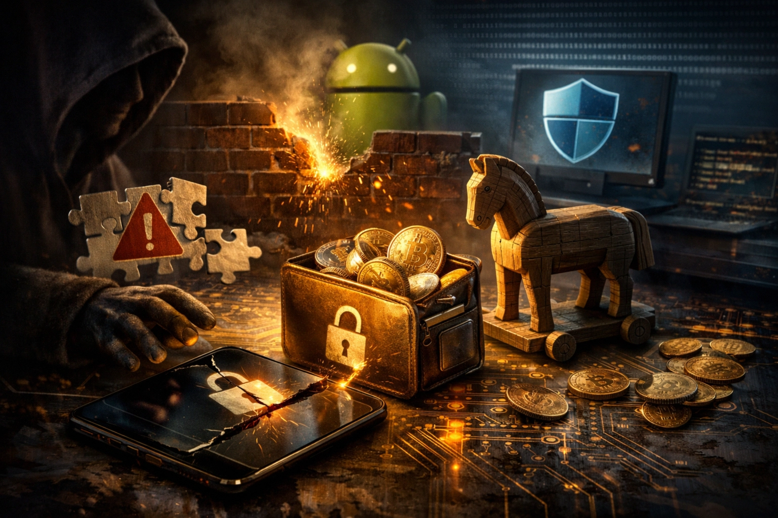 Cybersecurity scene with a hacker, locked phone, and digital treasures.