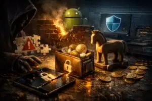 Комп'ютерний шахрай згортає смартфон та бронює криптовалюту.