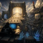 Surreal scene featuring a figure at a computer in a digital landscape about IPv8.