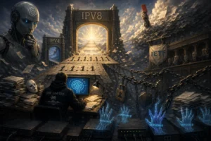 Surreal scene featuring a figure at a computer in a digital landscape about IPv8.