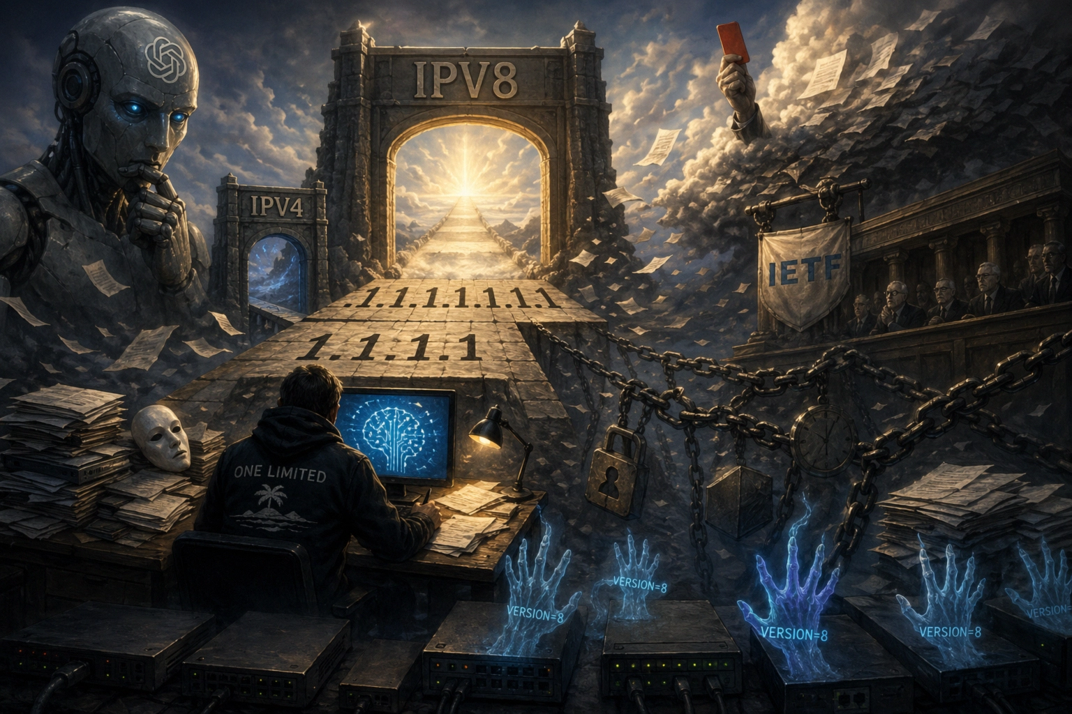 Surreal scene featuring a figure at a computer in a digital landscape about IPv8.
