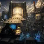 Escena futurista con un programador frente a una pantalla, simbolizando la evolución de Internet.