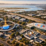 Aerial view of Googleplex showcasing the circular venue and surrounding landscape.