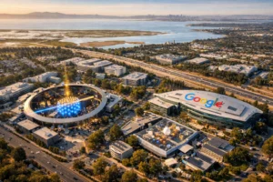 Aerial view of Googleplex showcasing the circular venue and surrounding landscape.
