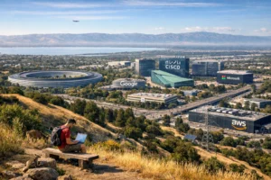 Person on a bench overlooking a tech campus with major company buildings.