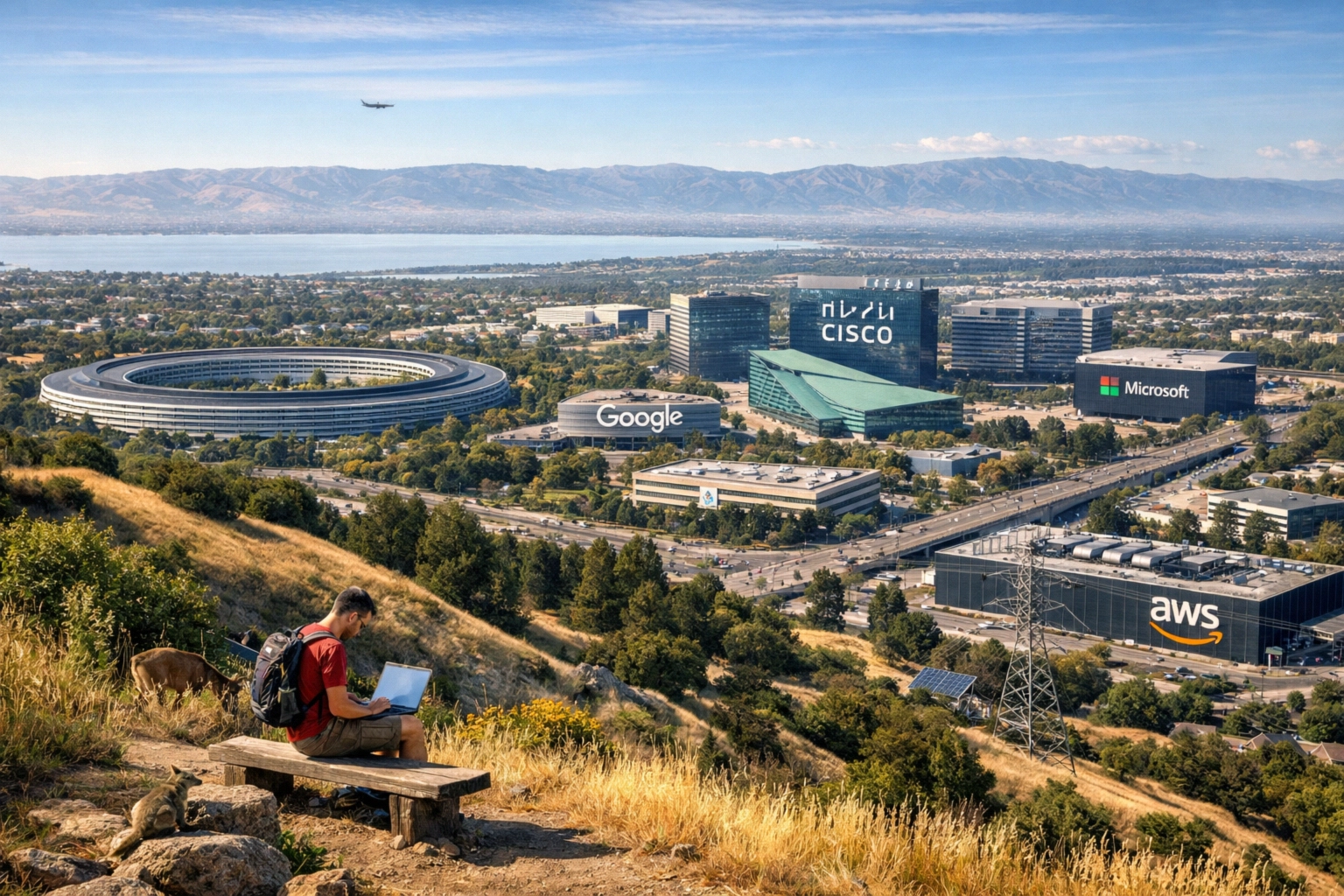 Person on a bench overlooking a tech campus with major company buildings.