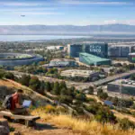 Junge Person sitzt auf einer Bank und arbeitet mit Laptop in der Natur.