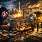 North Korean hacker at a computer amidst symbolic elements of finance and technology.