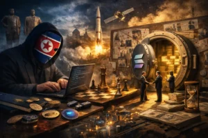 North Korean hacker at a computer amidst symbolic elements of finance and technology.