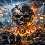 Monumental cracked skull with soldiers, glowing padlock, and burning atmosphere.