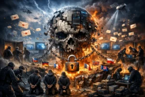 Monumental cracked skull with soldiers, glowing padlock, and burning atmosphere.