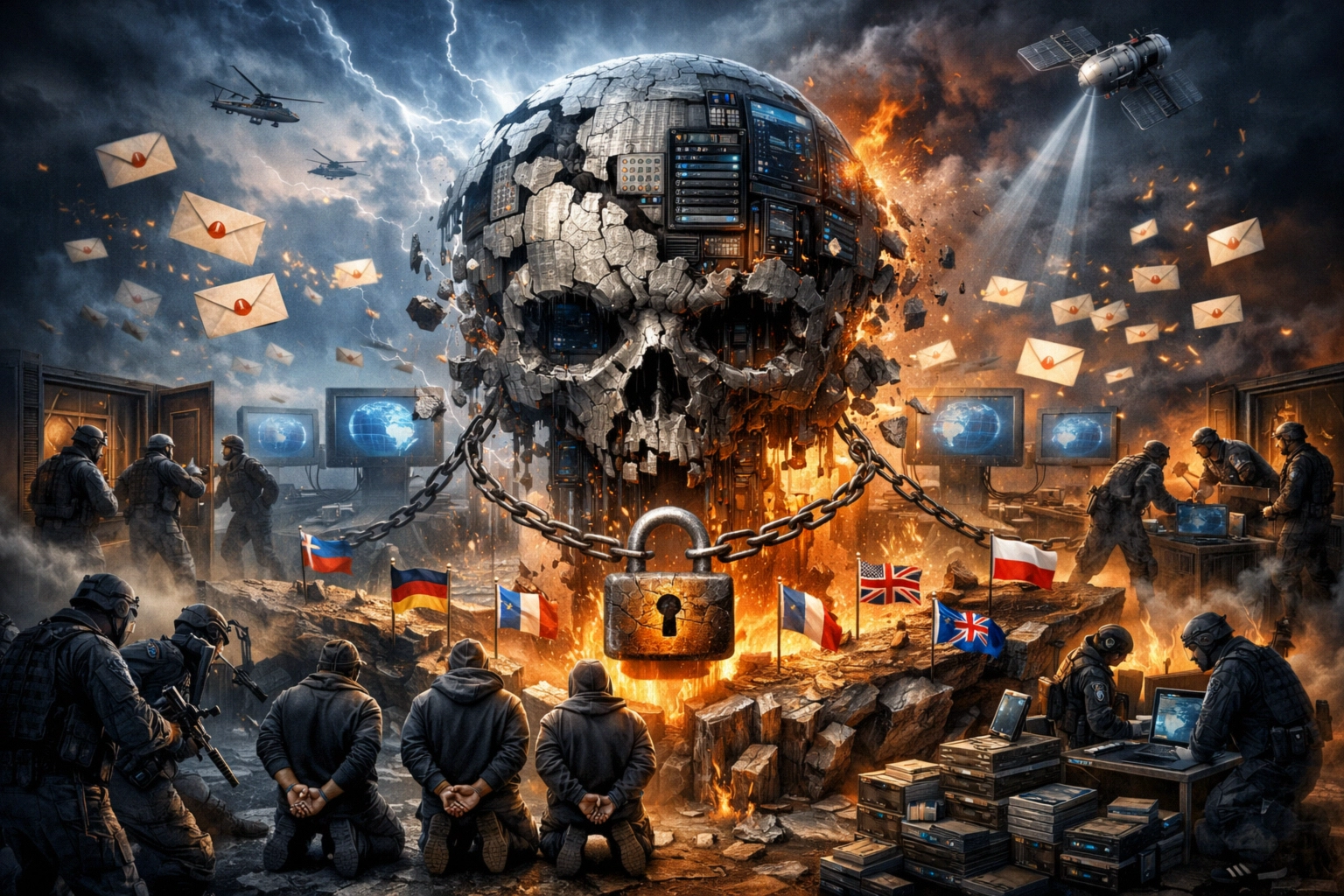 Monumental cracked skull with soldiers, glowing padlock, and burning atmosphere.