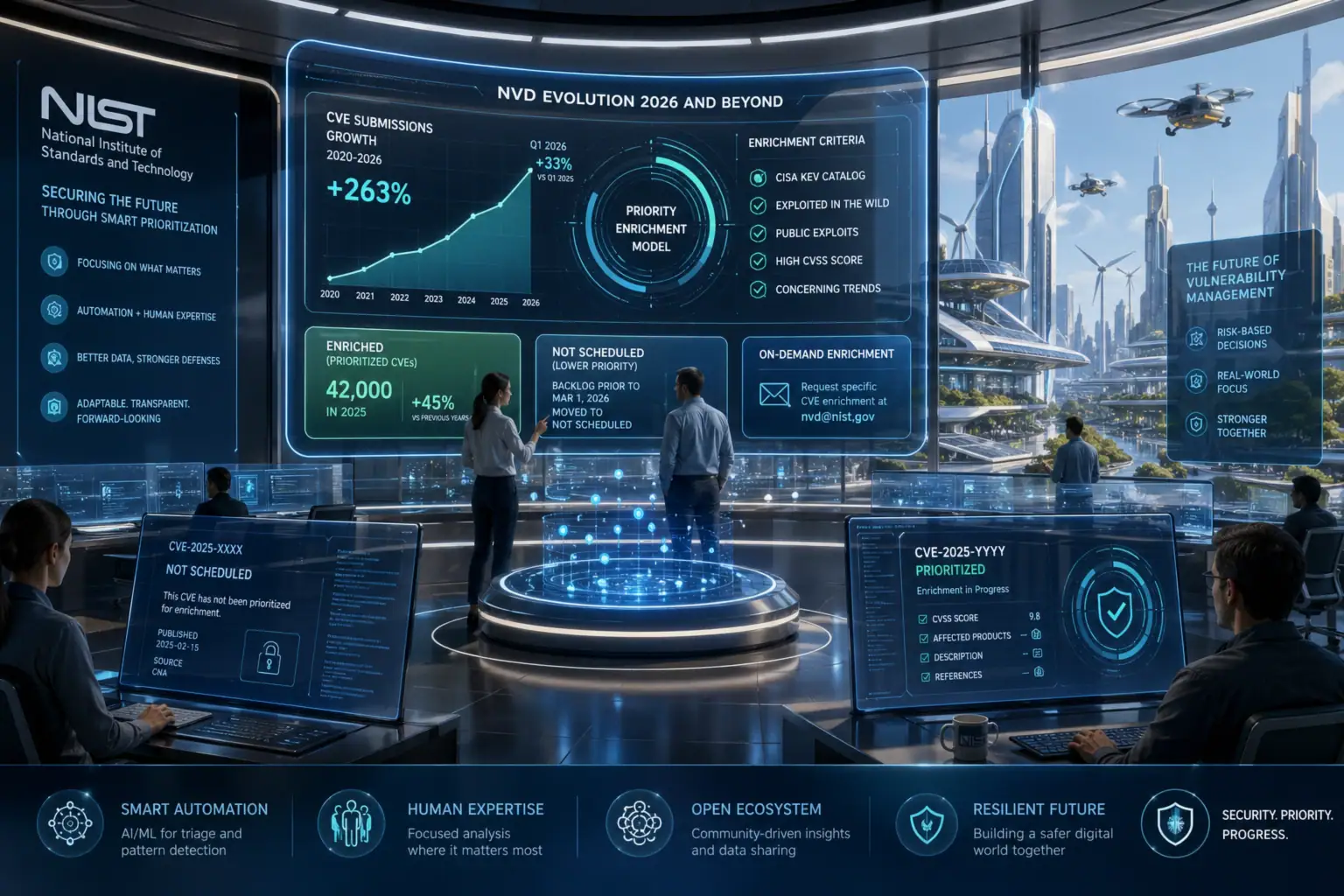 Gráfica futurista sobre gestión de vulnerabilidades y tecnología avanzada.