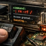 Close-up of a hand typing a command on an old computer terminal with colorful display.