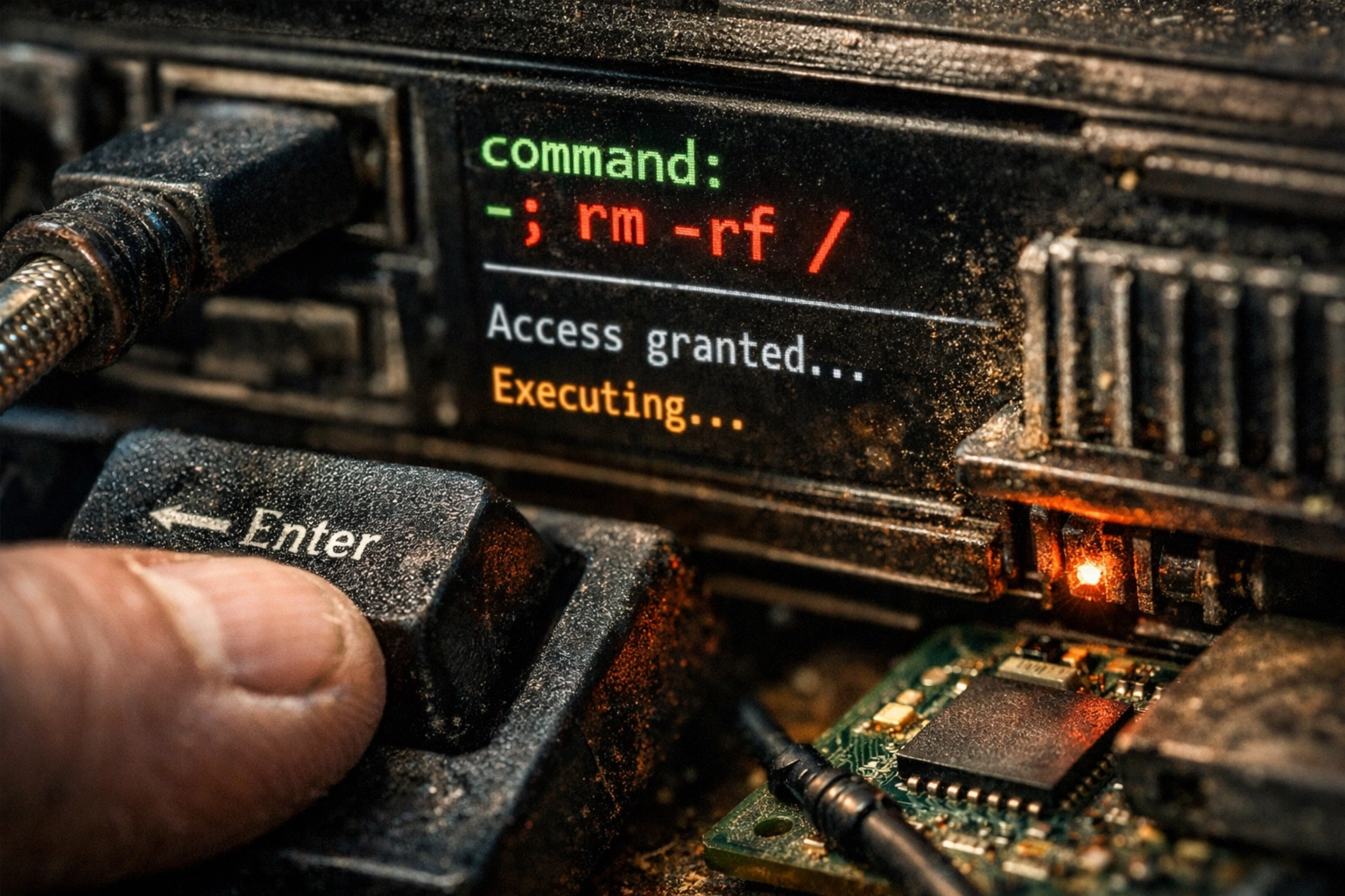 Close-up of a hand typing a command on an old computer terminal with colorful display.