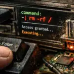 Nahe Ansicht eines verstaubten Computers mit Bildschirm-Befehlen und Hand am Eingabeschalter.