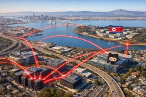 Aerial view of a tech landscape featuring OpenAI and connectivity lines.