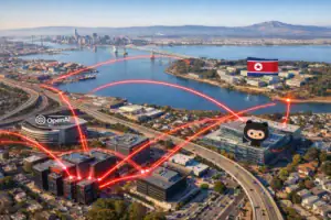 Luftaufnahme einer Stadt mit digitalen Verbindungen zwischen Gebäuden.