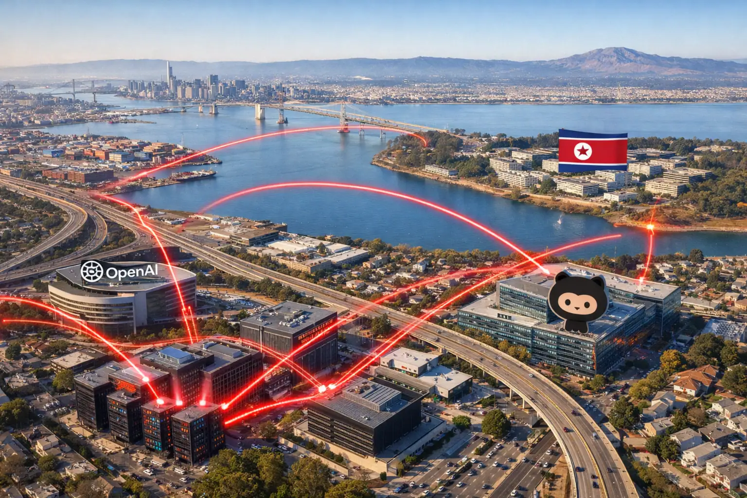 Luftaufnahme einer Stadt mit digitalen Verbindungen zwischen Gebäuden.