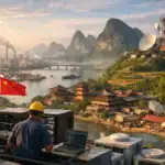 Hombre trabajando en tecnología sobre un techo con vista panorámica a un paisaje montañoso.