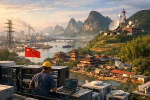 ** Technician working with equipment on a rooftop overlooking a scenic landscape.