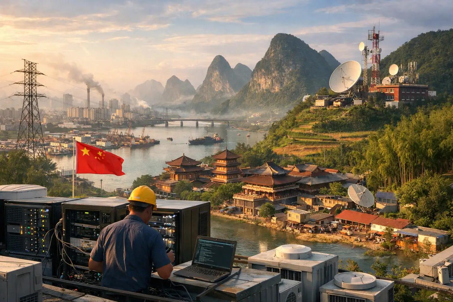 Hombre trabajando en tecnología sobre un techo con vista panorámica a un paisaje montañoso.
