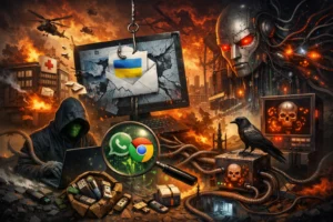 Dark cyberpunk scene featuring a hacker and glowing technology amidst chaos.