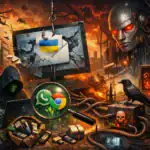 Hacker arbeitet an Computer in post-apokalyptischem Umfeld mit intensiven Farben.