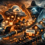 Digital artwork depicting cybersecurity themes with technology, clouds, and figures.