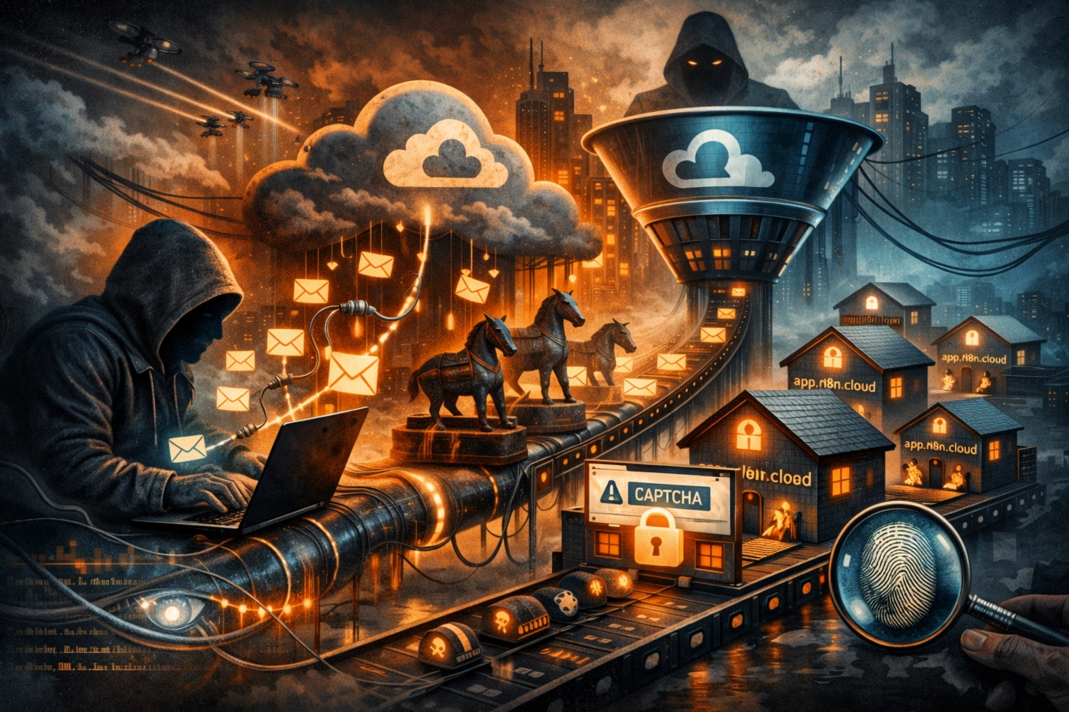 Digital artwork depicting cybersecurity themes with technology, clouds, and figures.
