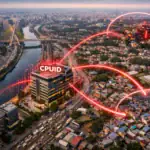 Vista aérea de una ciudad con infraestructura moderna y áreas de vivienda informal.