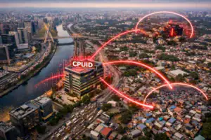 ** Moderne Stadtansicht mit Technologie und roten Datenströmen über einem Fluss.