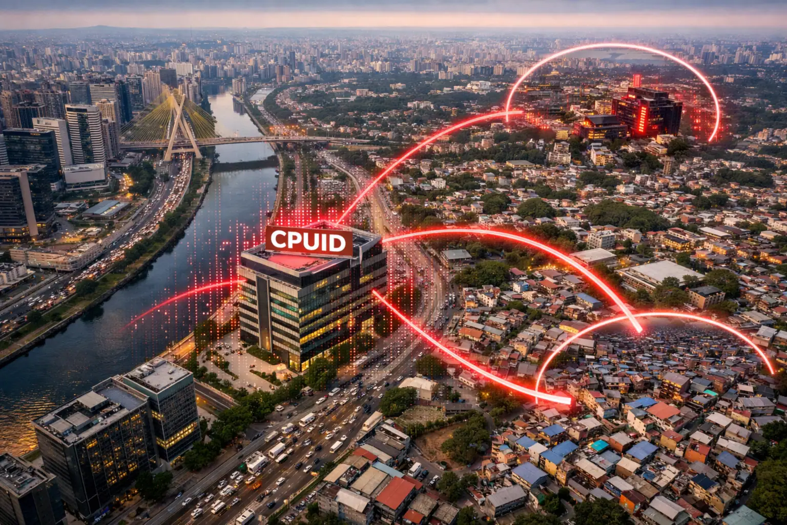 Vista aérea de una ciudad con infraestructura moderna y áreas de vivienda informal.